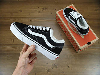 Зимние кеды с мехом Vans Old Skool Black White Low (Утепленные кеды Ванс на меху черно-белого цвета)