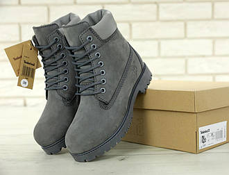 Ботинки Тимберленд серые на натуральном меху (Ботинки Timberland серые теплые зимние на цигейке)