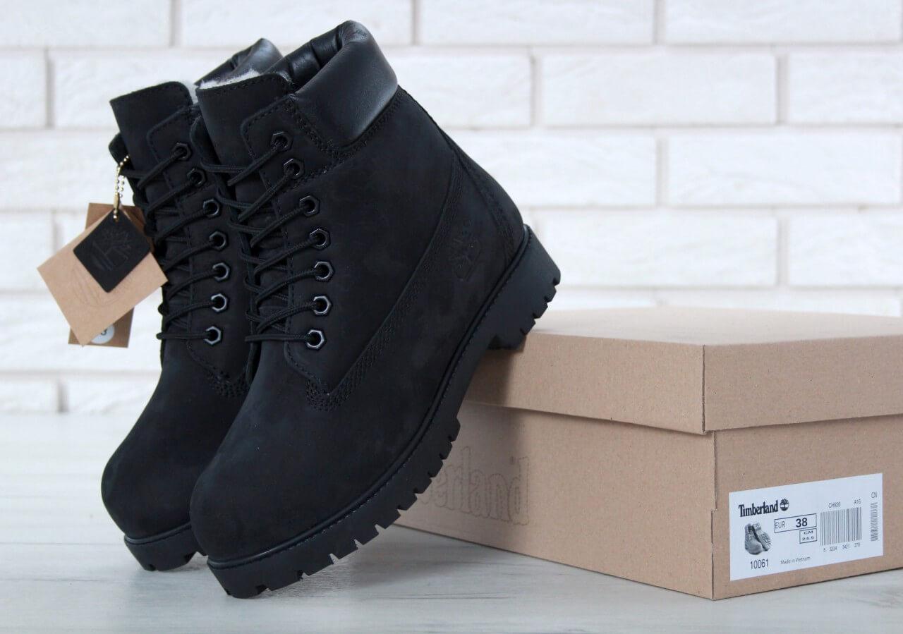 Ботинки Тимберленд черного цвета на шерстяном меху (Зимние ботинки Timberland мужские и женские размеры 36-45)