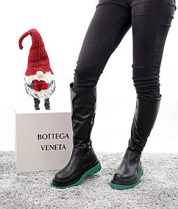 Зимние кожаные высокие сапоги Bottega Veneta Black Green (Сапоги на меху и на молнии Боттега черно-зеленые)