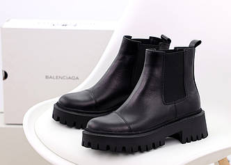 Зимние кожаные женские ботинки Balenciaga Oxford Chelsea Black (Ботинки на меху с резинками сбоку Челси черные